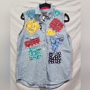 VTG Y2K Joujou Denim Button Up W Multicolored‎ Beaded Patches Medium